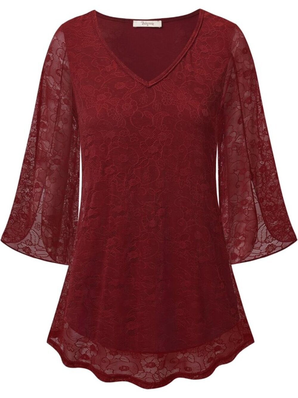 Bebonnie Women's Top Red Ruffle 3/4 Sleeves V Neck Double Layers Mesh Blouses